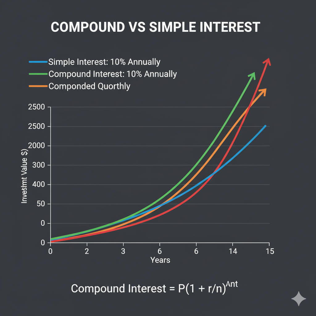 graph comparing simple and compound interest growth curves